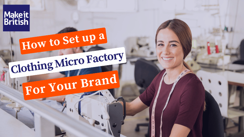 woman smiling sitting in front of a sewing machine in a small clothig factory with the words How to Set up a Clothing Micro Factory for Your Brand 