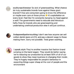 Instagram Comments about Primarks 'Circular Denim Collection' British brands with clothing made to last