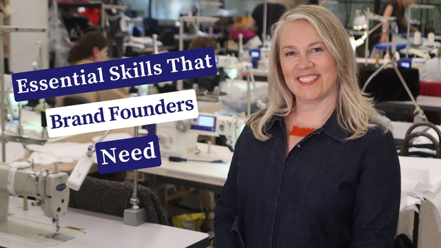 kate in a factory with the words Essential Skills That Brand Founders Need on the image